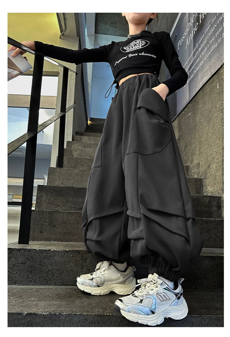 2025 Hot Sale Loose Hip-hop Pants For Girl Kids Fashion High Street Child Black Burgundy Chocolate Trousers Streewear Trackpants