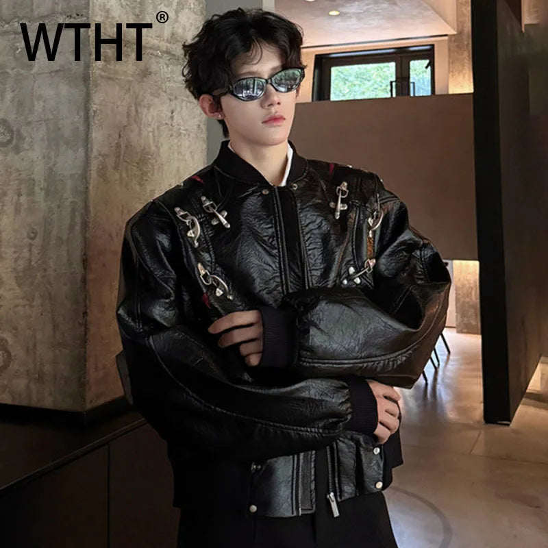 WTHT Fashion Men's Leather Spliced Metal High Street Coats Trendy American Style Zipper Lapel Jackets Male 2025 Autumn 2A2063