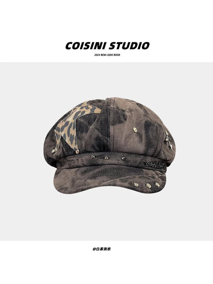 Y2K Personalized Star Sticker Rivet Design Berets Caps for Women Spring and Autumn Fashion Versatile Retro Tie-dye Newsboy Hats