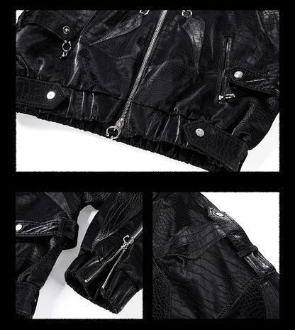 Mauroicardi Spring Autumn Cool Short Shiny Black Crocodile Print Pu Leather Jacket Men Luxury Designer Y2K Streetwear Clothes