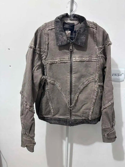 HKSH Spring Autumn New Men's Tide Punk Splice Jackets Split Burr Washed Retro Waste Land Chic Coat Dark Cotton Streetwear HK2418