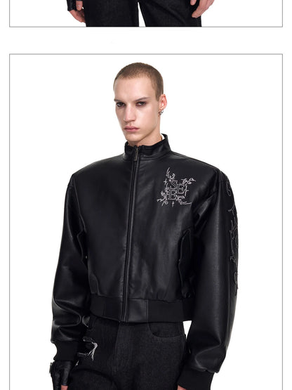 Motorcycle Style Black Short PU Leather Jacket Metal Letter Embroidered Leather Coat Men