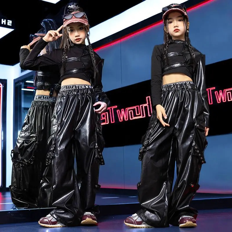 Jazz Dance Girls Clothes Kids Hip Hop Dance Costume Black Leather Crop Tops Hiphop Pants Catwalk Performance Clothing BL13600
