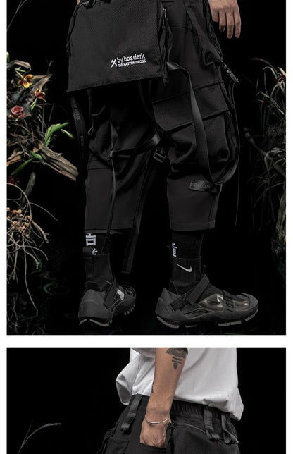 Punk Techwear Cargo Pants Big Pockets Ribbons Oversized Hip Hop Black Pants Joggers Streetwear Harajuku Loose Harem Trousers