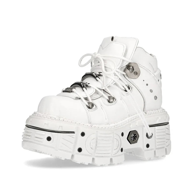 Fashion Women Motorcycle Boots Punk Thick Heel Height 8CM Flat Platform Goth Ankle Rock Boots Metal Decor Casual Sneakers