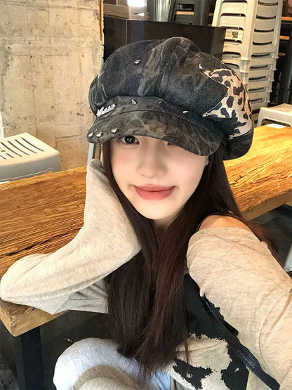 Y2K Personalized Star Sticker Rivet Design Berets Caps for Women Spring and Autumn Fashion Versatile Retro Tie-dye Newsboy Hats