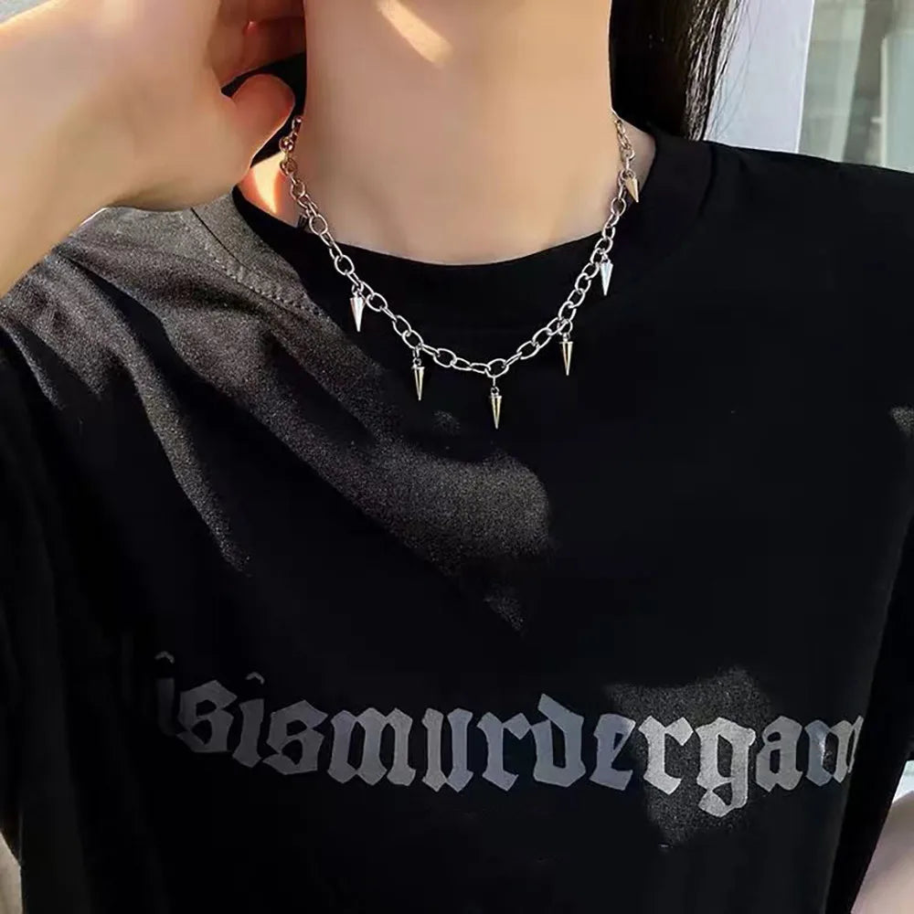 Men Punk Style Rivet Tassel Necklace Hip Hop Women Fashion Geometric Titanium Steel Chain Necklace