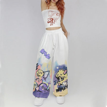 American Street Hip Hop Straight Graffiti Casual Pants New Fashion Casual High Waist Pockets Jazz Dance Sports Wide Leg Trousers