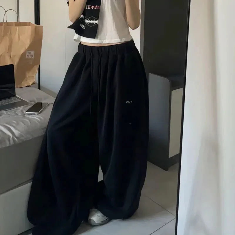 American Retro Hip-Hop Oversized Woman Black Casual Sweatpants Korean Streetwear Loose Jogging Pants High Waist Wide-Leg Pants