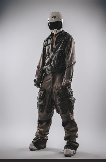 Waste Soil Style Washed Frayed Rough Edge Short Jacket Men Profile Distressed Flip Collar Coat