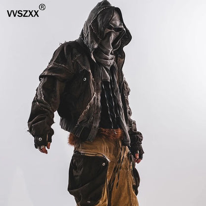 Waste Soil Style Men Stereoscopic Cut Mesh Splicing Hooded Short Jacket Washed Distressed Coat Men