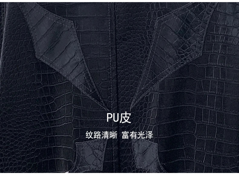 Mauroicardi Autumn Short Color Block Crocodile Print Faux Leather Jacket Men Stand Collar Luxury Designer Punk Style Emo Clothes