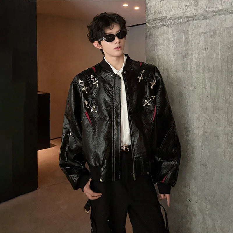 WTHT Fashion Men's Leather Spliced Metal High Street Coats Trendy American Style Zipper Lapel Jackets Male 2025 Autumn 2A2063