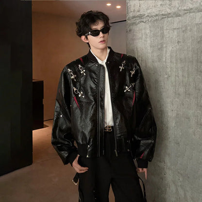 WTHT Fashion Men's Leather Spliced Metal High Street Coats Trendy American Style Zipper Lapel Jackets Male 2025 Autumn 2A2063