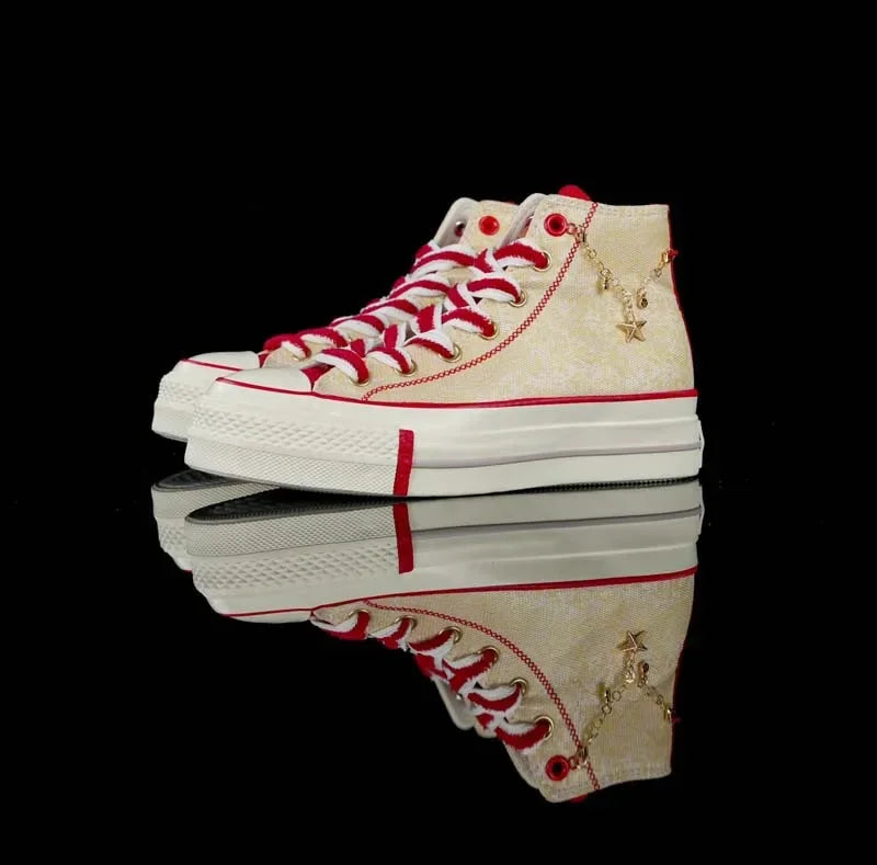 2025 New Thick Bottom High Top Couple Shoes Yellow And Red Men's And Women's Canvas Shoes Rubber Sole Spring Autumn Season