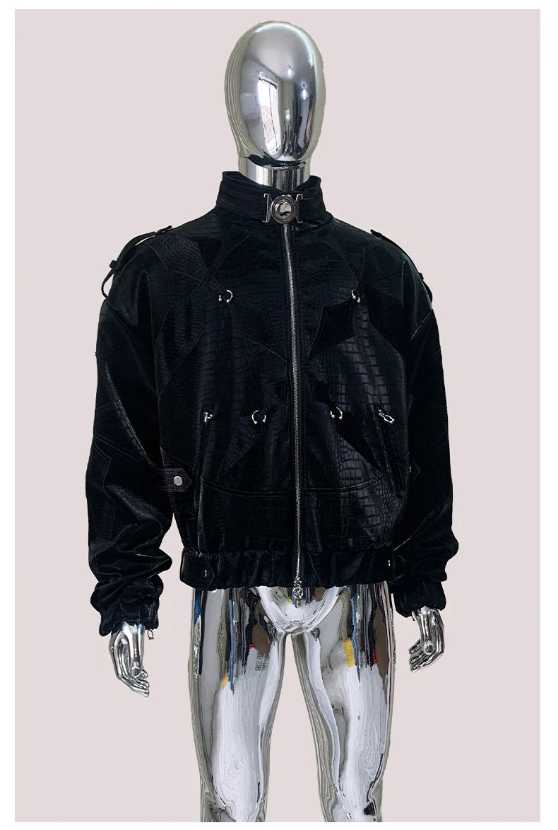 Mauroicardi Autumn Short Color Block Crocodile Print Faux Leather Jacket Men Stand Collar Luxury Designer Punk Style Emo Clothes