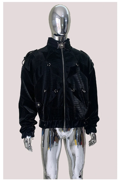 Mauroicardi Autumn Short Color Block Crocodile Print Faux Leather Jacket Men Stand Collar Luxury Designer Punk Style Emo Clothes