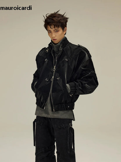 Mauroicardi Spring Autumn Cool Short Shiny Black Crocodile Print Pu Leather Jacket Men Luxury Designer Y2K Streetwear Clothes