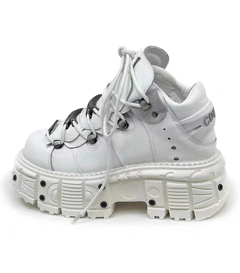 New Women Shoes Punk Style Lace-up Heel Height 6CM Platform Shoes Woman Gothic Ankle Rock Boots Metal Decor Woman Sneakers