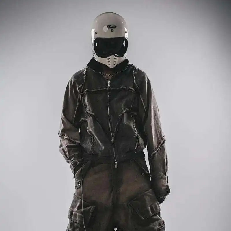 HKSH Spring Autumn New Men's Tide Punk Splice Jackets Split Burr Washed Retro Waste Land Chic Coat Dark Cotton Streetwear HK2418