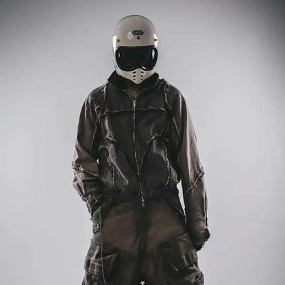 HKSH Spring Autumn New Men's Tide Punk Splice Jackets Split Burr Washed Retro Waste Land Chic Coat Dark Cotton Streetwear HK2418