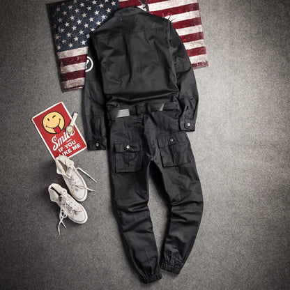 Hip Hop Workwear Pants Jumpsuit Retro Japanese Sle Men's Cuffed Long Pants Personalized Trendy Youth Loose Fit Printed