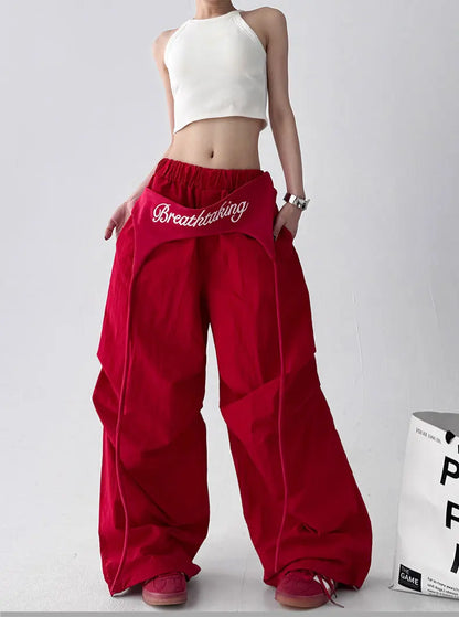 Women's Bootcut Trousers - Streetwear Baggy Pants with Hip Drape & Waist Ties, American Hip Hop Curved Hem Casual Pants White