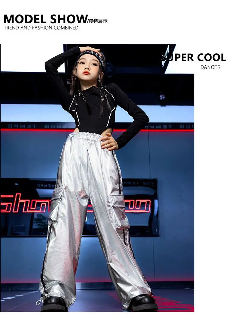 Jazz Dance Girls Clothes Kids Hip Hop Dance Costume Black Leather Crop Tops Hiphop Pants Catwalk Performance Clothing BL13600