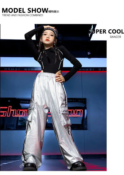 Jazz Dance Girls Clothes Kids Hip Hop Dance Costume Black Leather Crop Tops Hiphop Pants Catwalk Performance Clothing BL13600