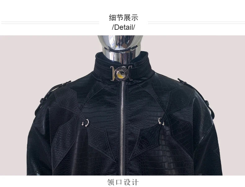 Mauroicardi Autumn Short Color Block Crocodile Print Faux Leather Jacket Men Stand Collar Luxury Designer Punk Style Emo Clothes