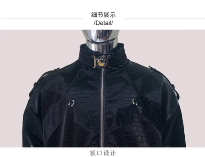 Mauroicardi Autumn Short Color Block Crocodile Print Faux Leather Jacket Men Stand Collar Luxury Designer Punk Style Emo Clothes