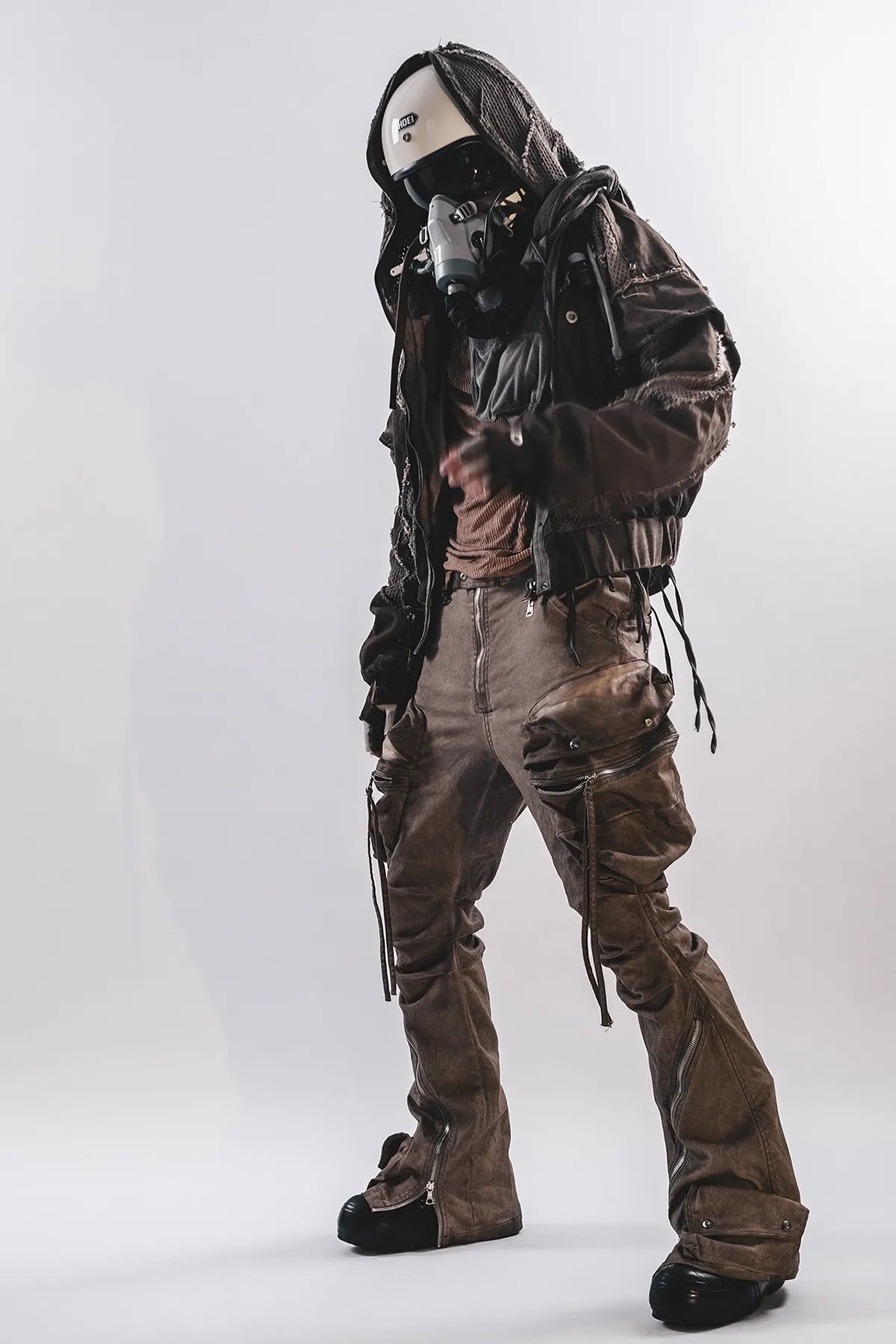 Waste Soil Style Men Stereoscopic Cut Mesh Splicing Hooded Short Jacket Washed Distressed Coat Men