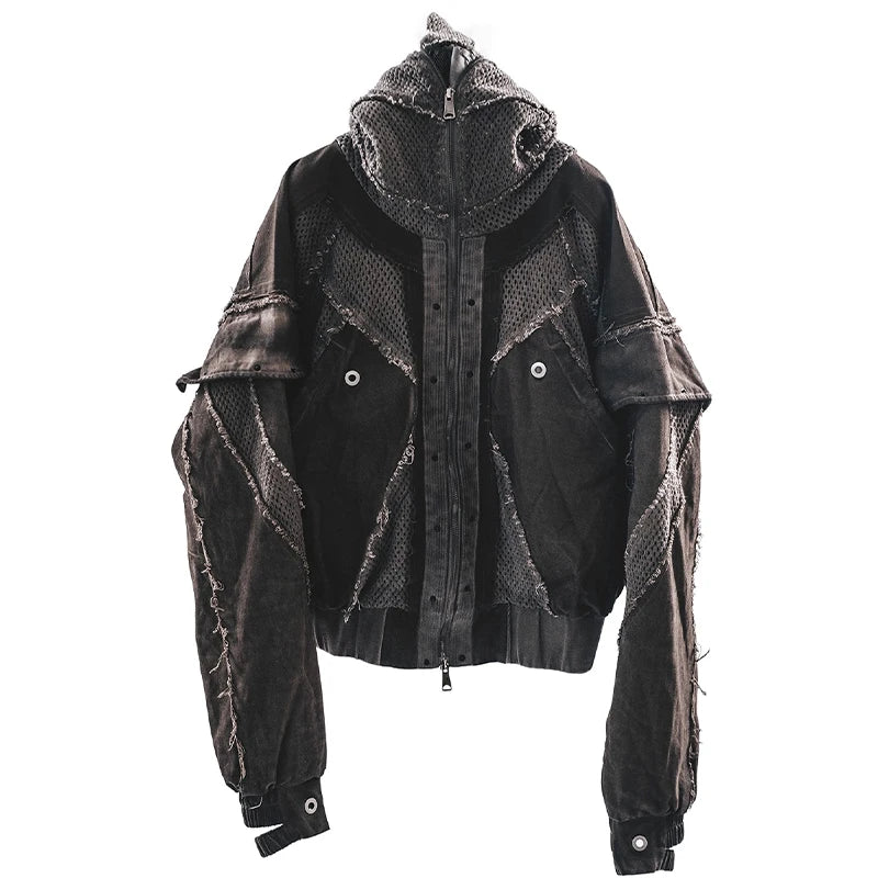 Waste Soil Style Mesh Splicing Hooded Short Jacket Washed Distressed Stereoscopic Cut Loose Coat  for Men