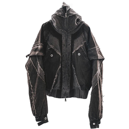 Waste Soil Style Mesh Splicing Hooded Short Jacket Washed Distressed Stereoscopic Cut Loose Coat  for Men