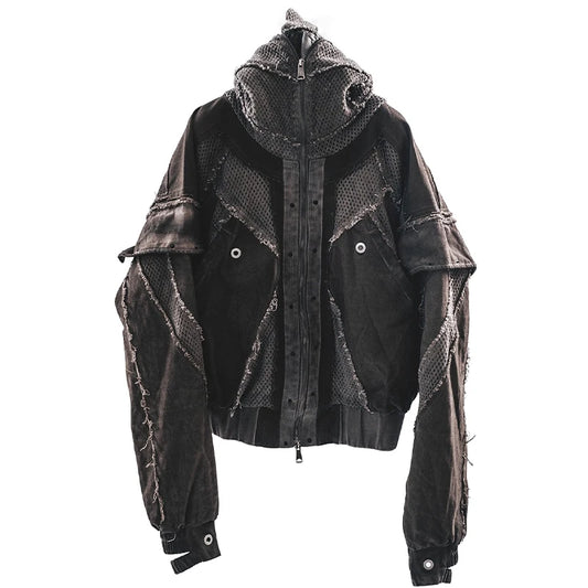 Waste Soil Style Mesh Splicing Hooded Short Jacket Washed Distressed Stereoscopic Cut Loose Coat  for Men