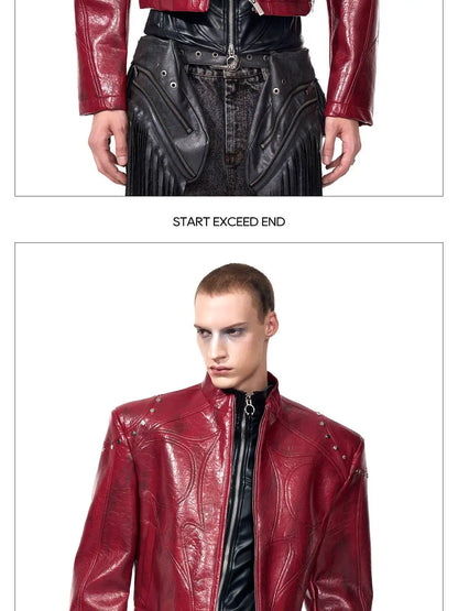 FEWQ High Street Men's PU Leather Jackets Stand Collar Shoulder Pads Dirty-dying Contrast Color Loose Male Short Coats 24K5621