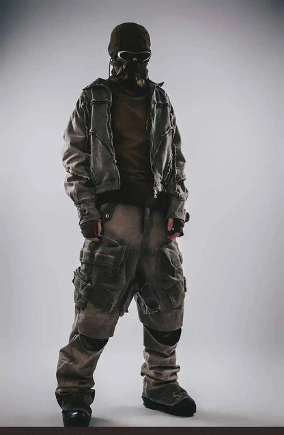 HKSH Spring Autumn New Men's Tide Punk Splice Jackets Split Burr Washed Retro Waste Land Chic Coat Dark Cotton Streetwear HK2418