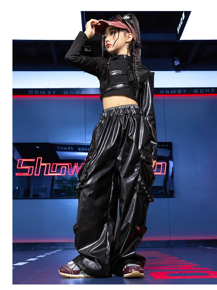 Jazz Dance Girls Clothes Kids Hip Hop Dance Costume Black Leather Crop Tops Hiphop Pants Catwalk Performance Clothing BL13600