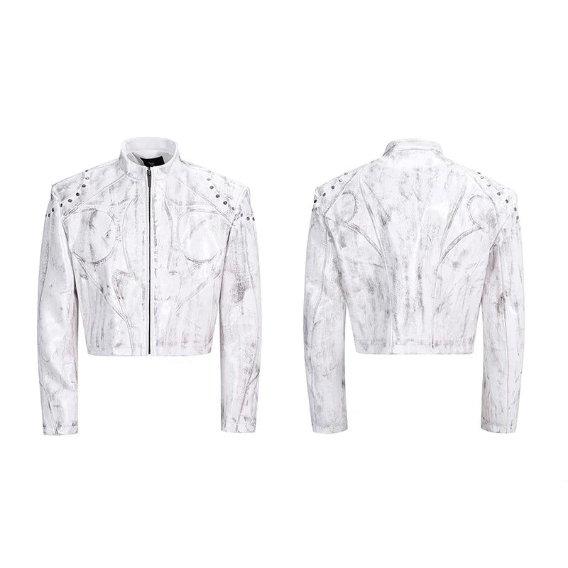 FEWQ High Street Men's PU Leather Jackets Stand Collar Shoulder Pads Dirty-dying Contrast Color Loose Male Short Coats 24K5621