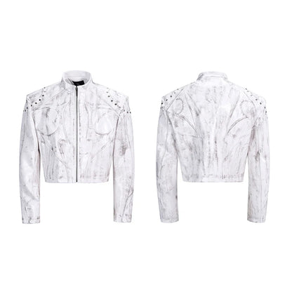 FEWQ High Street Men's PU Leather Jackets Stand Collar Shoulder Pads Dirty-dying Contrast Color Loose Male Short Coats 24K5621