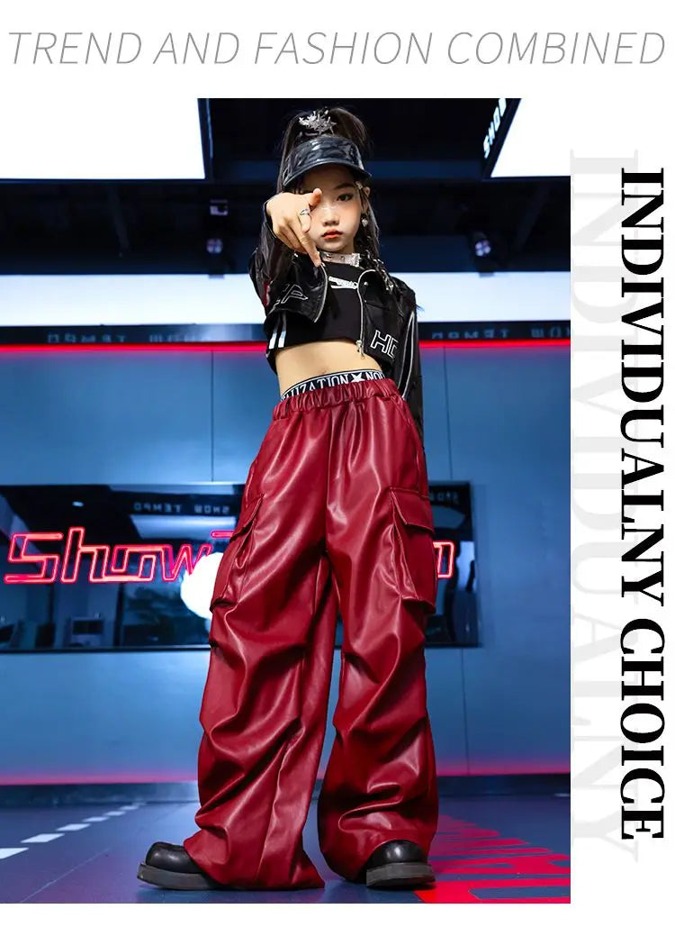 Jazz Dance Girls Clothes Kids Hip Hop Dance Costume Black Leather Crop Tops Hiphop Pants Catwalk Performance Clothing BL13600