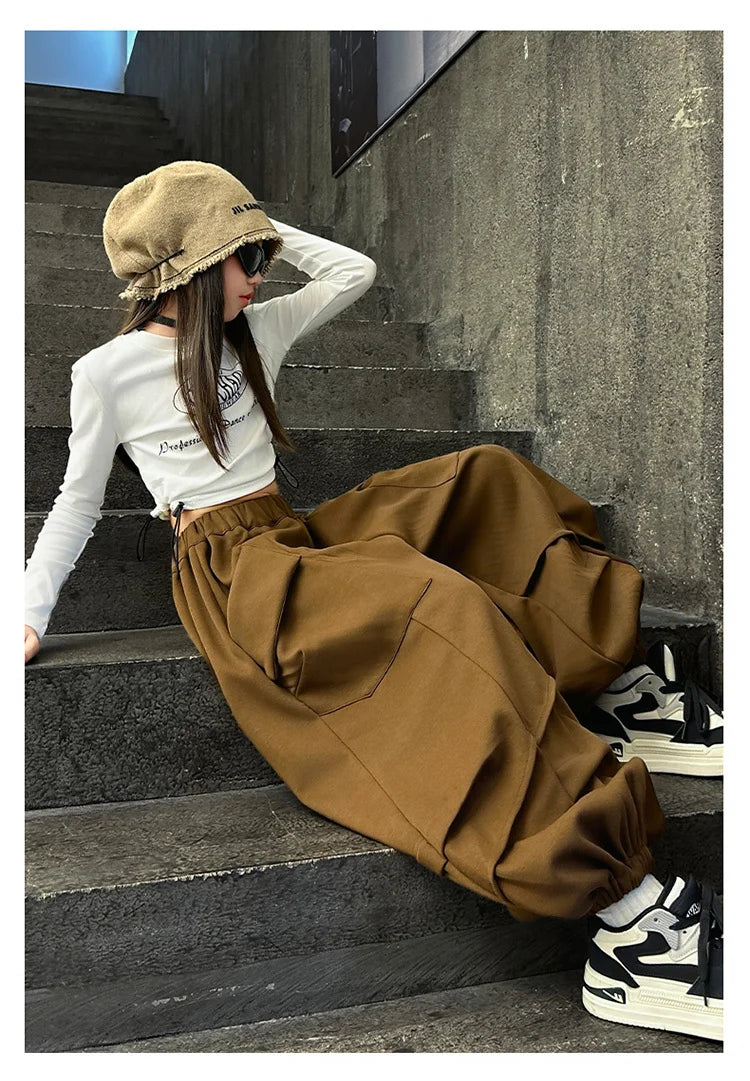 2025 Hot Sale Loose Hip-hop Pants For Girl Kids Fashion High Street Child Black Burgundy Chocolate Trousers Streewear Trackpants