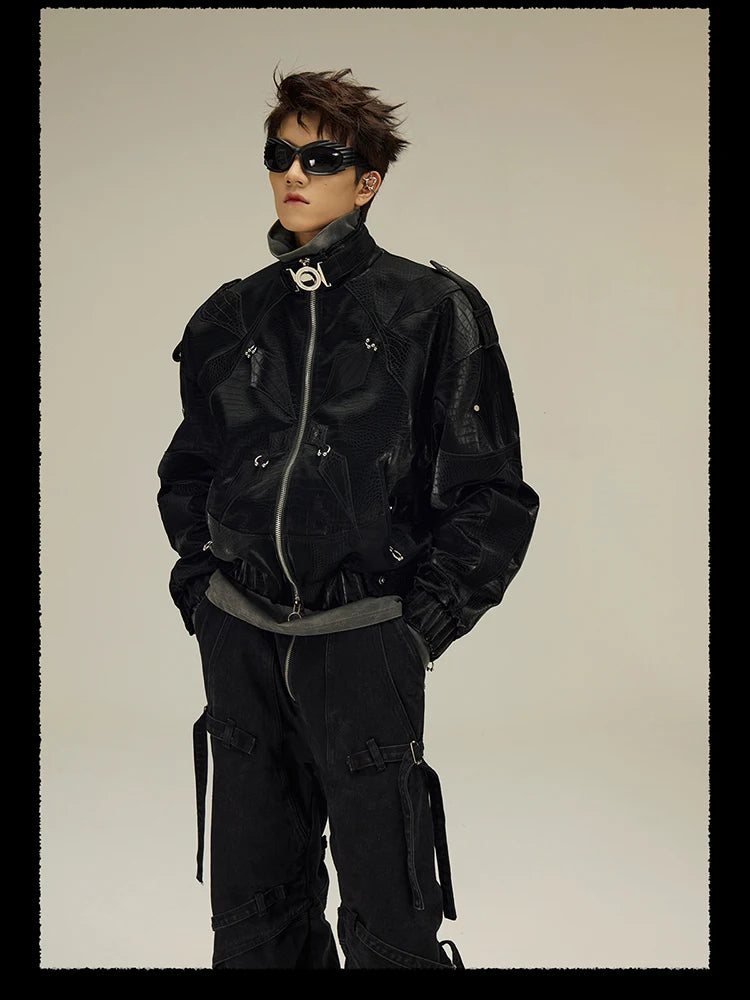 Mauroicardi Spring Autumn Cool Short Shiny Black Crocodile Print Pu Leather Jacket Men Luxury Designer Y2K Streetwear Clothes