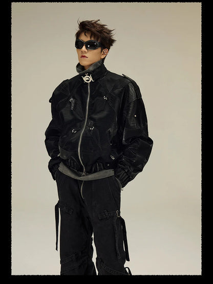 Mauroicardi Spring Autumn Cool Short Shiny Black Crocodile Print Pu Leather Jacket Men Luxury Designer Y2K Streetwear Clothes