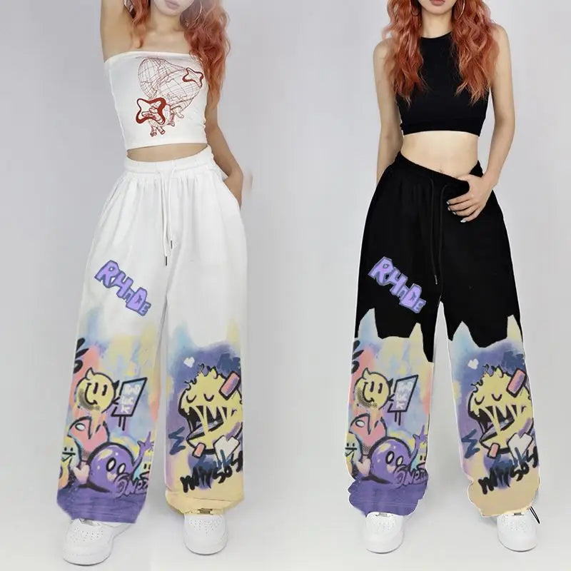 American Street Hip Hop Straight Graffiti Casual Pants New Fashion Casual High Waist Pockets Jazz Dance Sports Wide Leg Trousers