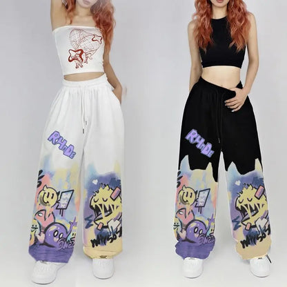 American Street Hip Hop Straight Graffiti Casual Pants New Fashion Casual High Waist Pockets Jazz Dance Sports Wide Leg Trousers