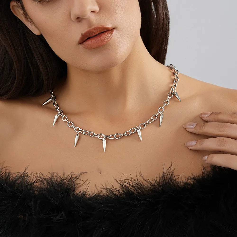 Men Punk Style Rivet Tassel Necklace Hip Hop Women Fashion Geometric Titanium Steel Chain Necklace