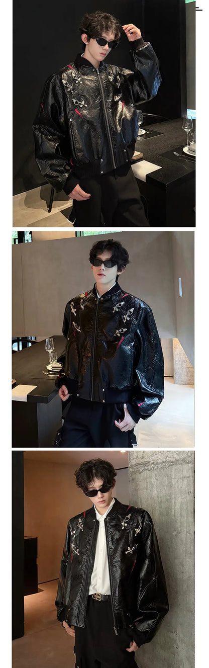 WTHT Fashion Men's Leather Spliced Metal High Street Coats Trendy American Style Zipper Lapel Jackets Male 2025 Autumn 2A2063