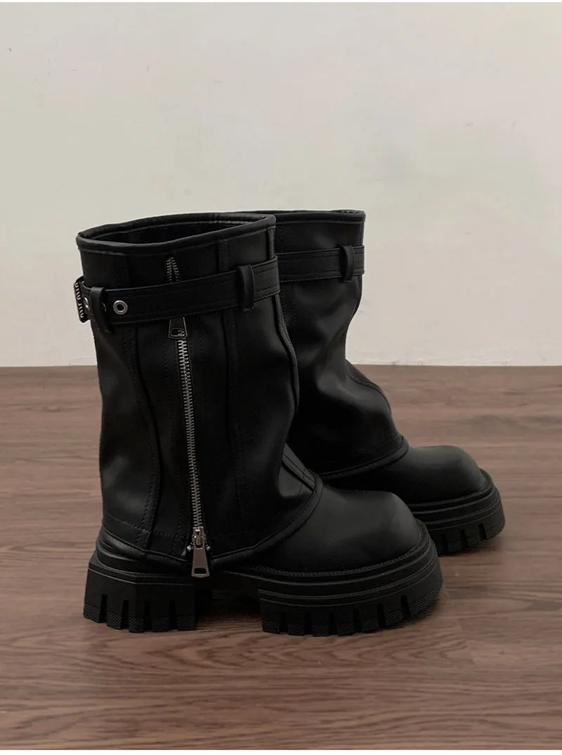 Winter Women Biker Boots Fashion Belt Buckle Ladies Elegant Platform Flats Short Booties Casual Women's Knight Booties