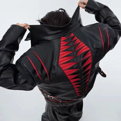 Niche Deconstruction Design Short PU Leather Clothing Heavy Industry Stitching Advanced Motorcycle Jacket